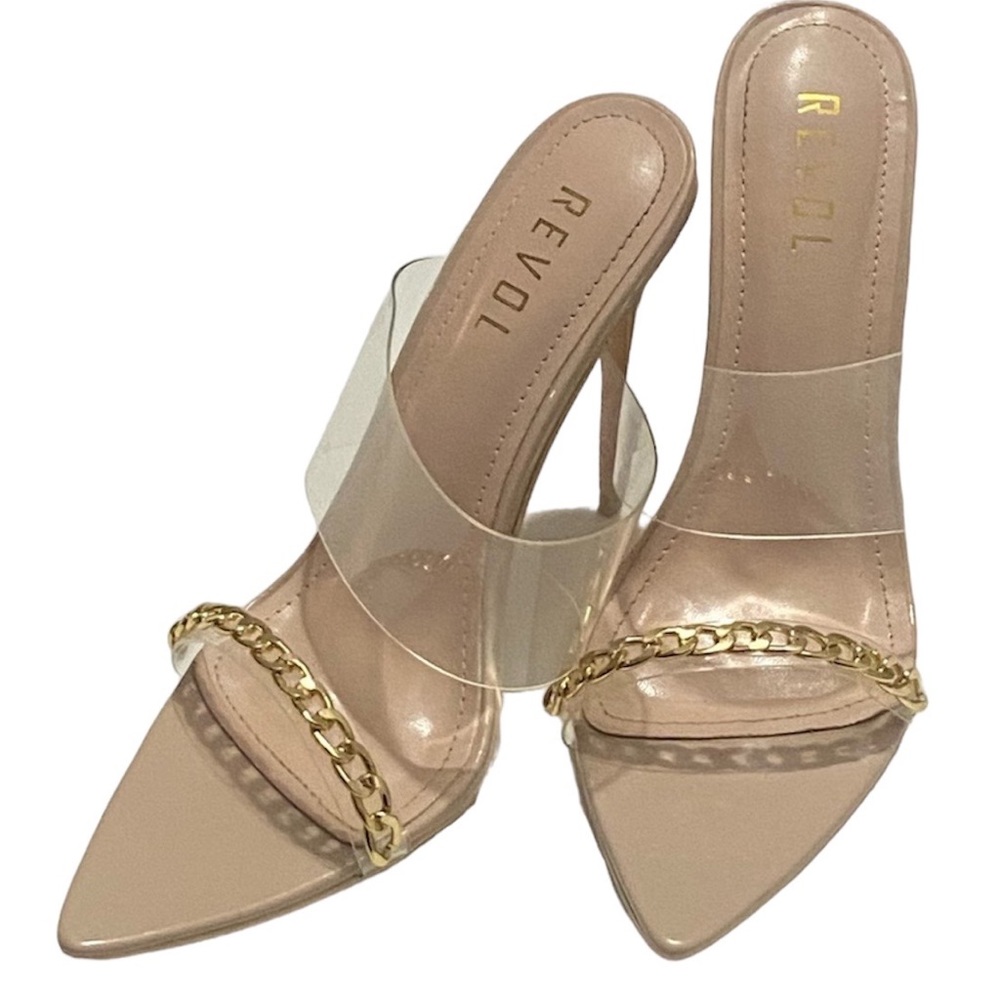 New! Revol clear pointed nude toe stilettos slip on mules/ heels